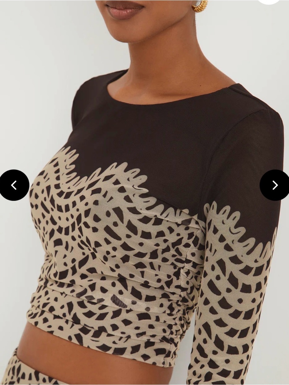 Beige and Black Patterned Long-Sleeve Crop Top
